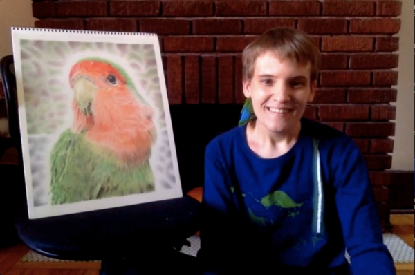 Remrov and her photorealistic pencil drawing of lovebird Pilaf